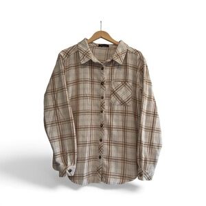 White Fox Oversized Button Down Flannel Cream & Tan Plaid L/XL